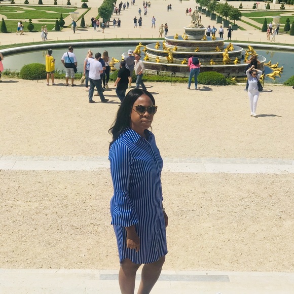 Leyden - Blue Stripe Shirt Dress w/Balloon Sleeves - Picture 3 of 5